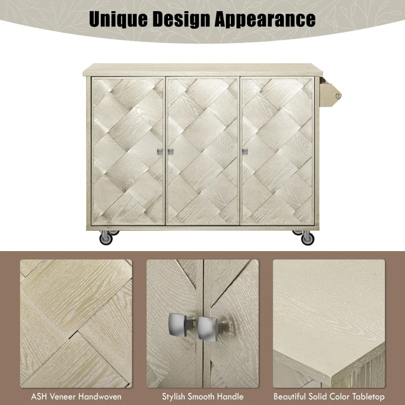 Kitchen Island Cart with Drop Leaf, Handwoven Ash Veneer Doors, Adjustable Shelves, and Lockable Wheels, 51" L x 29.5" W x 36" H, Champagne