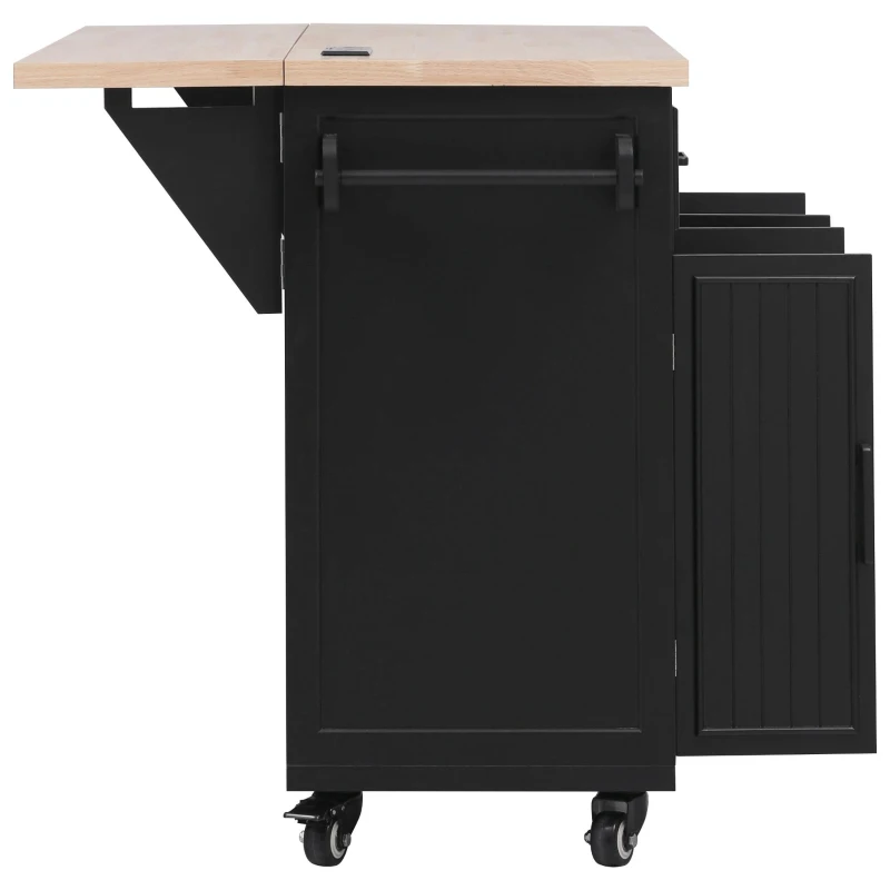 Kitchen Island with Drop Leaf and Power Outlet, Rolling Kitchen Cart on Wheels with 4 Doors, 5 Deep Drawers, Adjustable Shelves, Towel Rack, Black