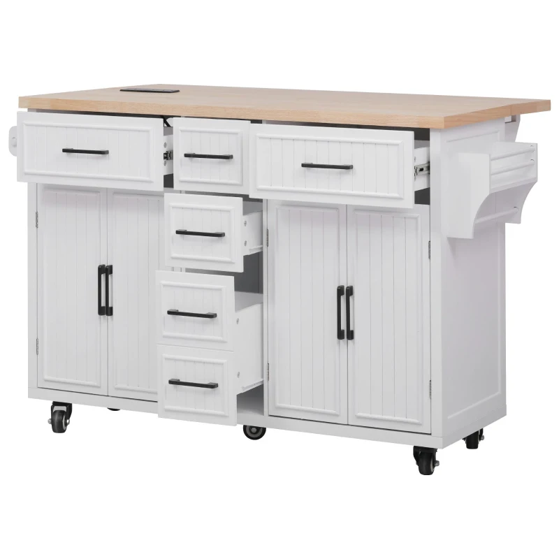 Kitchen Island with Drop Leaf and Power Outlet, Rolling Cart on Wheels, 4 Doors, Adjustable Shelves, Perfect for Kitchen and Dining Room, White