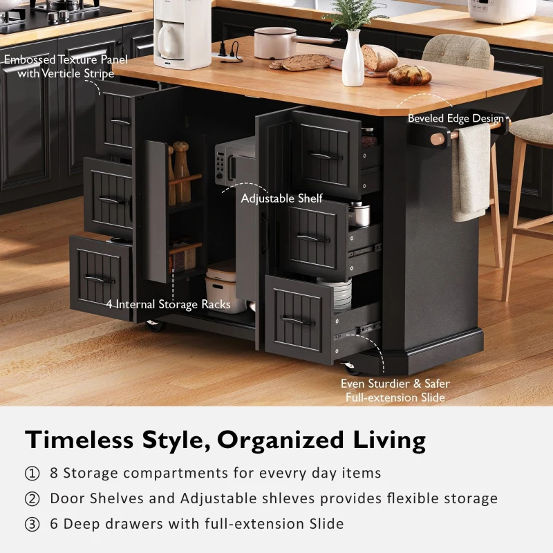 Rolling Kitchen Island Cart with Drop Leaf, Power Outlet, 4 Door Shelves, 6 Drawers, Adjustable Shelves, Spice Rack, 55.5" L x 30" W x 36" H, Black