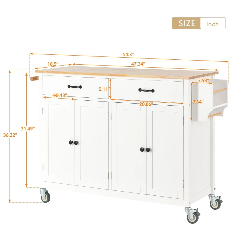Kitchen Island Cart with 4-Door Cabinet, 2 Drawers, Solid Wood Top, Spice and Towel Racks, Locking Wheels, 54.5" L x 18.5" W x 36" H, White