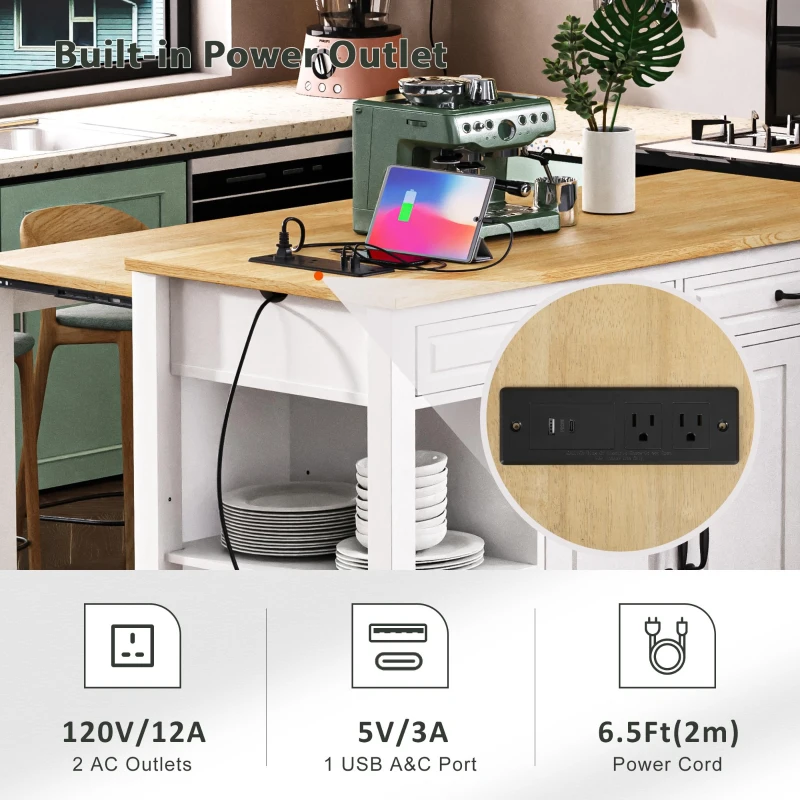 Kitchen Island with Extendable Dining Table, Rubber Wood Veneer, Internal Rack, Power Outlet, 2 Drawers, 2 Cabinets, 47" L x 33.5" W x 37" H, White