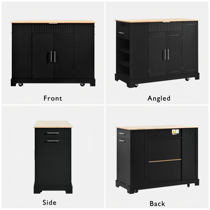 Fluted Kitchen Island with Trash Can Storage, Power Outlet, Internal Storage Rack, Rolling Design with 3 Drawers and Adjustable Shelves, Black