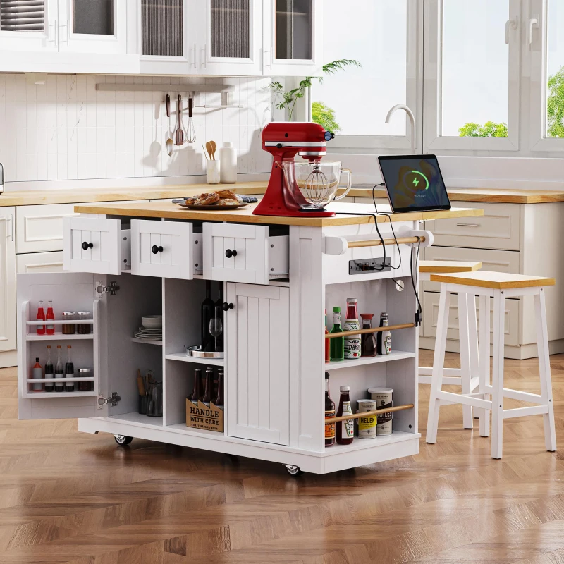Kitchen Island with Internal Racks, Drop Leaf, Power Outlet, Rolling Cart on 5 Wheels with Adjustable Shelves, 50" L x 29.5" W x 36.5" H, White