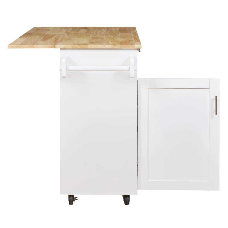 Rolling Kitchen Cart with Rubber Wood Top, Drawer with Dividers, Internal Storage Rack, Adjustable Shelves, 39" L x 26" W x 34" H, White