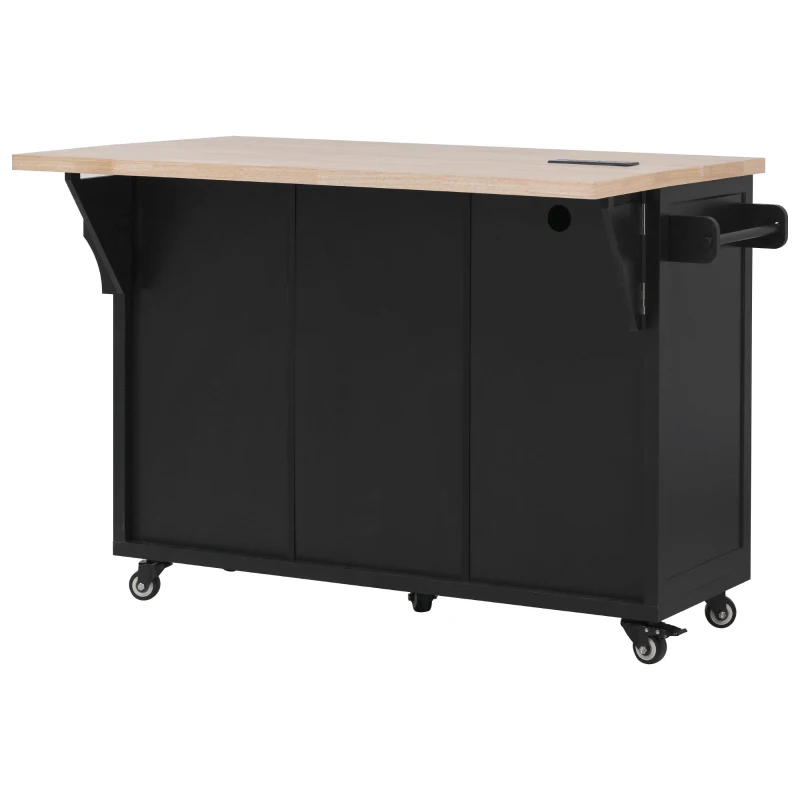 Kitchen Island with Drop Leaf and Power Outlet, Rolling Kitchen Cart on Wheels with 4 Doors, 5 Deep Drawers, Adjustable Shelves, Towel Rack, Black