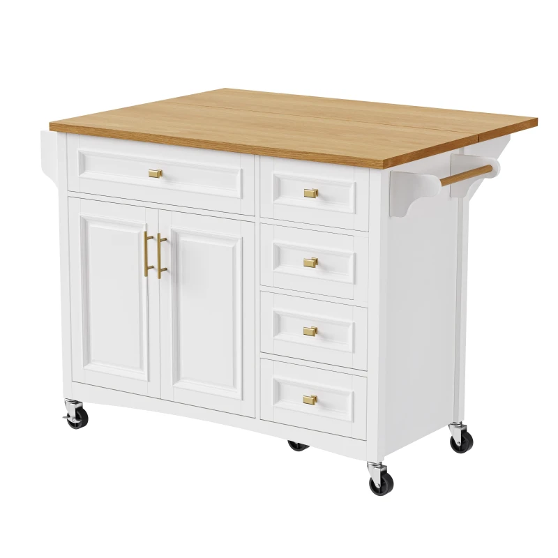 Kitchen Island with Spice Rack, Drop Leaf, Towel Rack, 2 Doors, 5 Drawers, Adjustable Shelf, Embossed Texture, 52" L x 29.5" W x 36" H, White