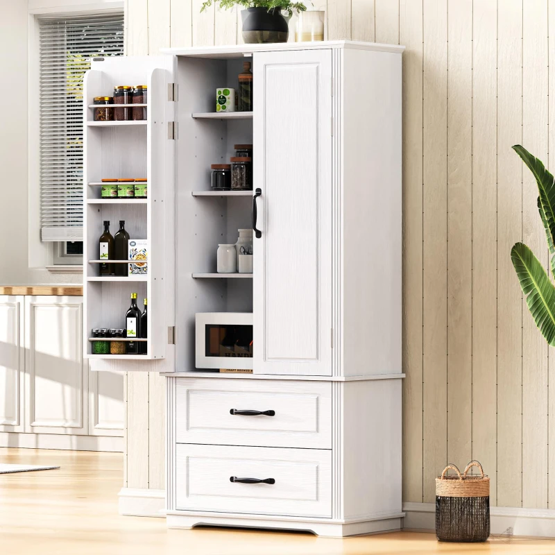 Farmhouse Kitchen Pantry Cabinet with Embossed Texture, 2 Drawers, 8 Door Shelves, Adjustable Shelves, Anti-Tip Kit, 30.5" L x 16" W x 71" H, White