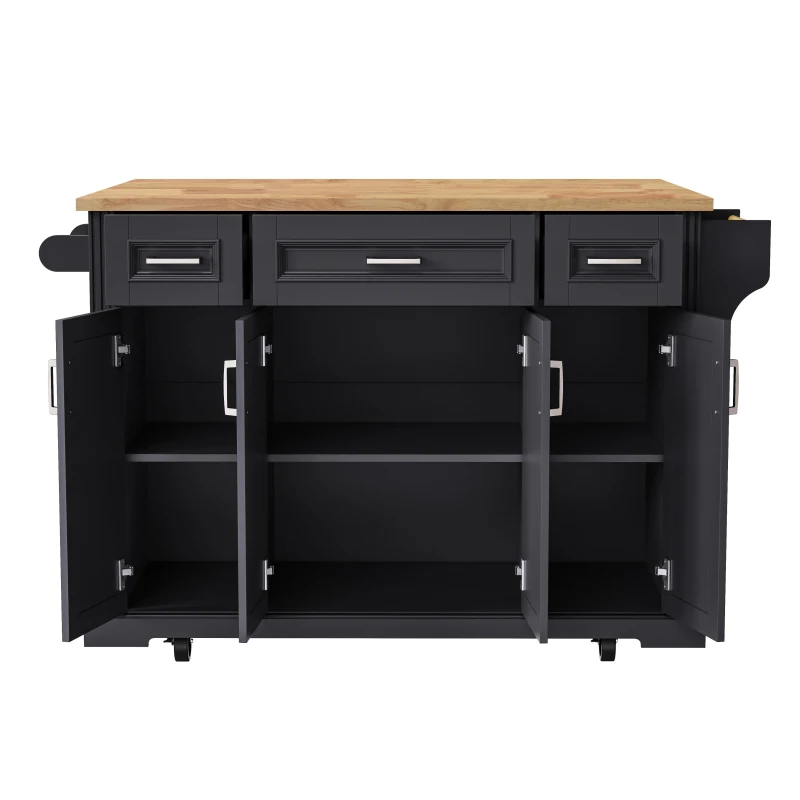 Kitchen Island Cart with Rubber Wood Drop Leaf, Embossed Texture, Rolling Cart with 4 Doors, 3 Drawers, Adjustable Shelves, Black
