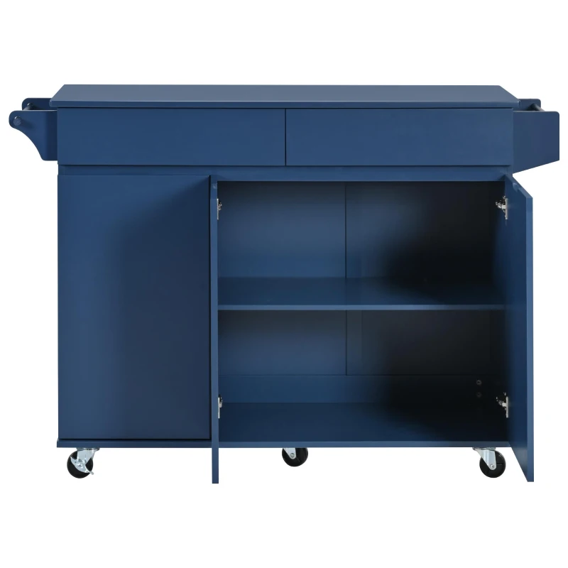Kitchen Island with Drop Leaf, Rolling Cart with Spice and Towel Rack, 2 Drawers, Adjustable Shelves, 53.5" L x 27.5" W x 36.5" H, Navy Blue