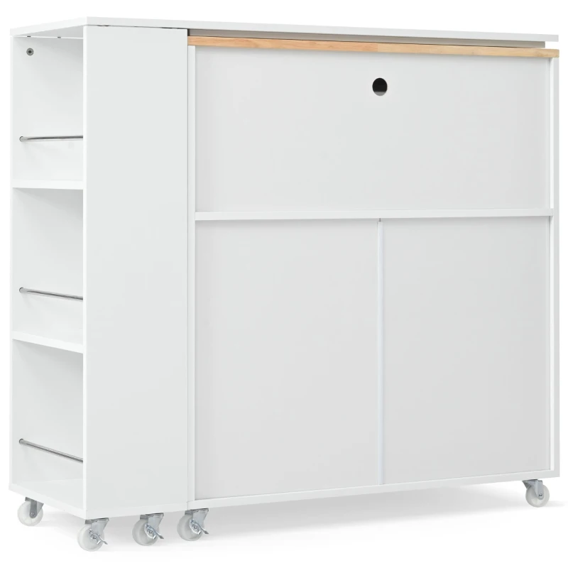LED Kitchen Island with Extended Table, Power Outlets, Fluted Glass Doors, Utility Cart with Shelves and Cabinet, 56.5" L x 33" W x 38" H, White
