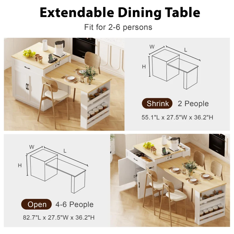 Kitchen Island with Extendable Table, Double-Sided Storage, Power Outlet, Adjustable Shelves, Lockable Wheels, 83" L x 27.5" W x 36" H, White Oak
