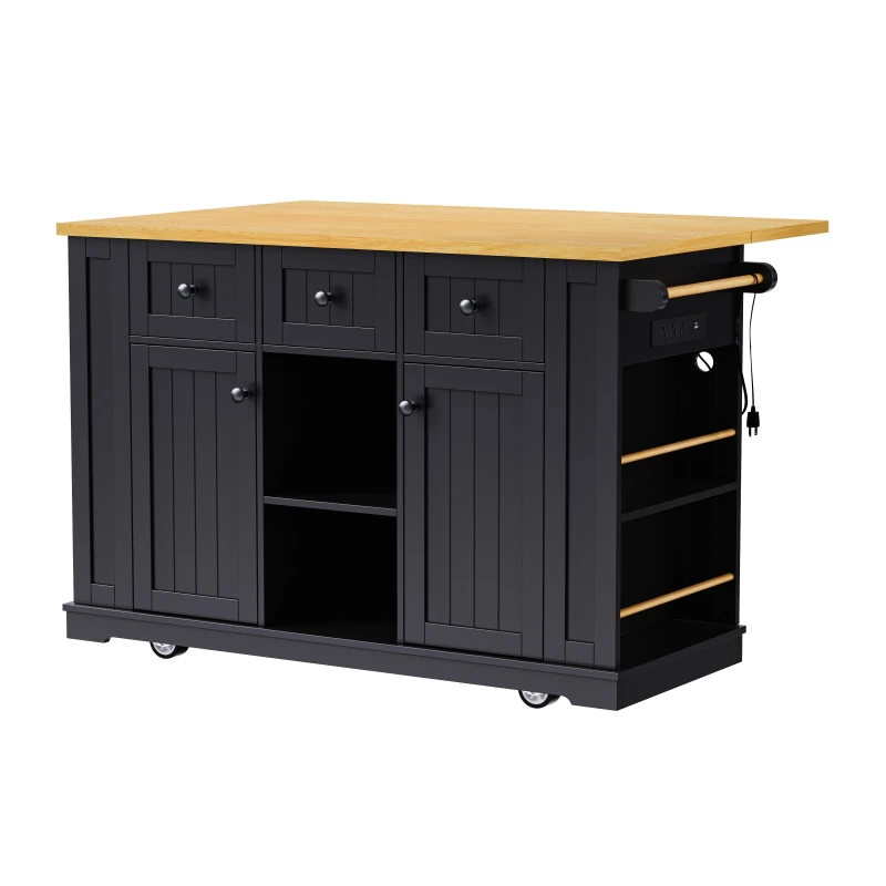 Kitchen Island with Internal Rack, Drop Leaf, Power Outlet, Rolling Cart with Adjustable Shelves and Drawers, 50" L x 29.5" W x 36.5" H, Black