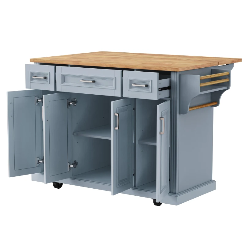 Kitchen Island Cart with Rubber Wood Drop Leaf, Embossed Texture, Adjustable Shelves, Hidden Wheels, 3 Drawers, 54" L x 29.5" W x 36" H, Grey+Blue
