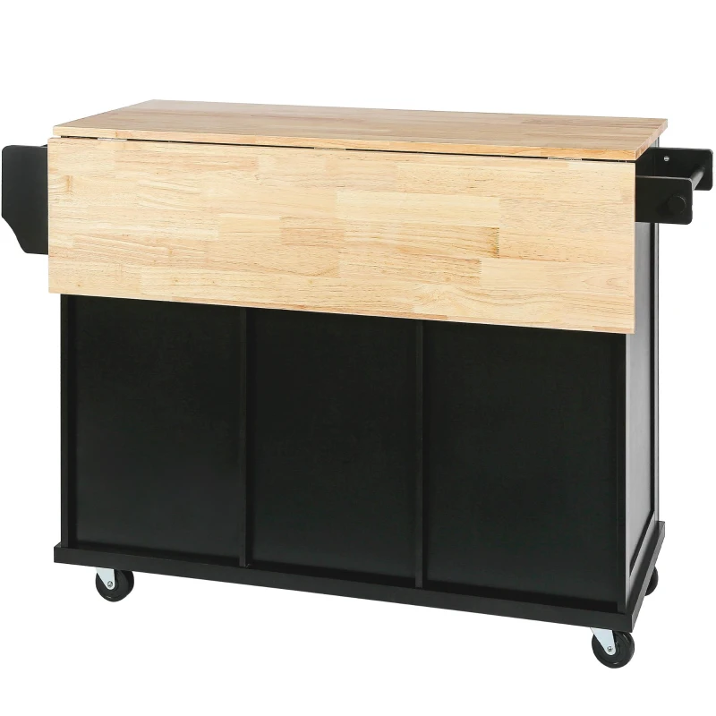 Kitchen Cart with 5 Wheels, 3 Drawers, Storage Cabinets, Central Island with Rubberwood Drop-Leaf Countertop, 53" L x 29.5" W x 37" H, Black(m-16)