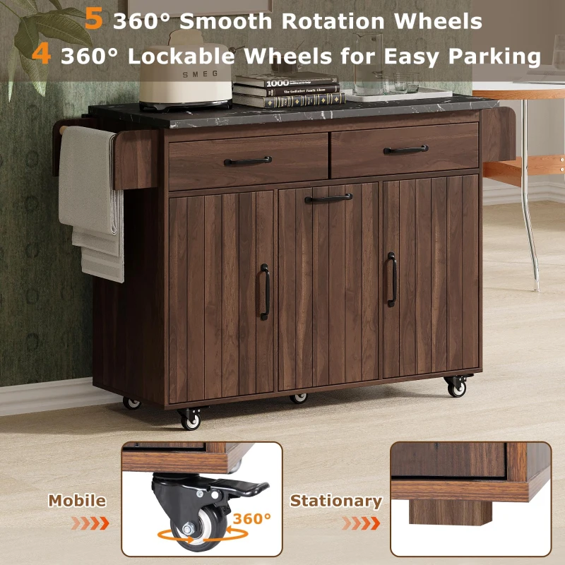 Kitchen Cart with Trash Can Storage, Drop Leaf, Spice and Towel Rack, Central Island with Rolling Wheels, 51" L x 31.5" W x 35" H, Walnut Brown