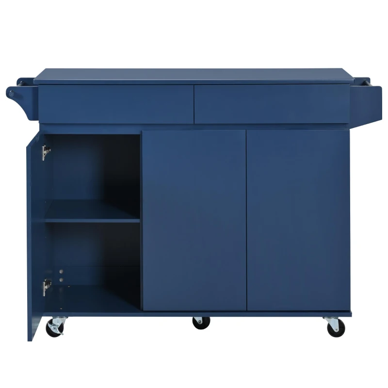 Kitchen Island with Drop Leaf, Rolling Cart with Spice and Towel Rack, 2 Drawers, Adjustable Shelves, 53.5" L x 27.5" W x 36.5" H, Navy Blue