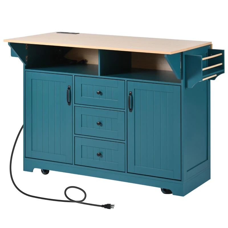 Kitchen Island Cart with Dual Drop Leaf, Rolling Design with Power Outlet, Adjustable Shelves, Spice and Towel Rack, 56" L x 34" W x 36.5" H, Green