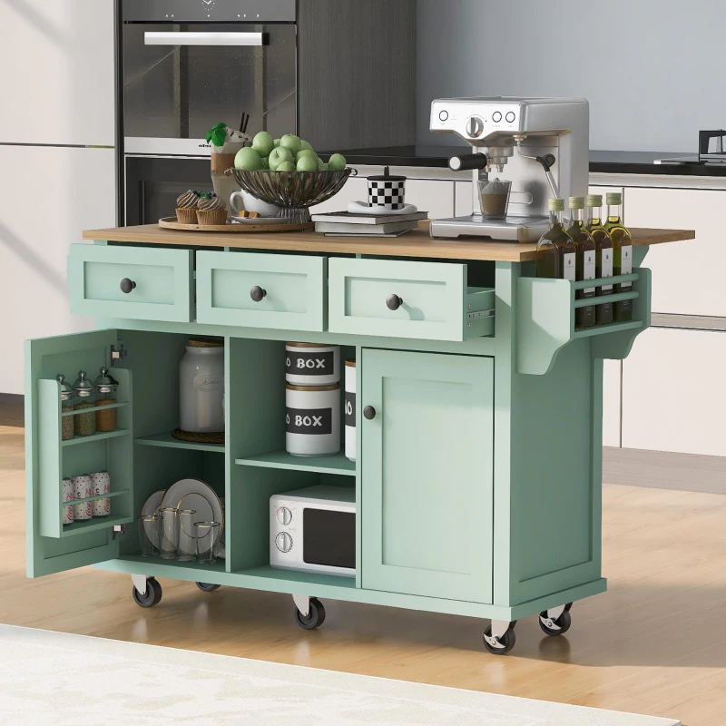 Kitchen Island Cart with 3 Drawers, 5 Wheels, Rubber Wood Drop-Leaf Countertop, Storage Cabinet, 53" L x 29.5" W x 37" H, Mint Green