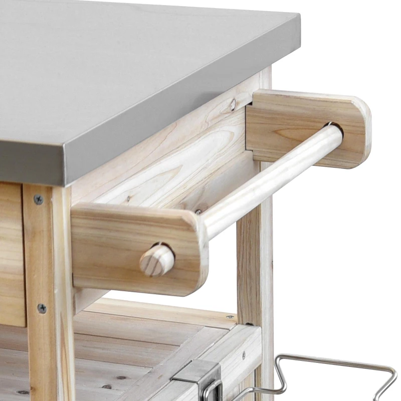 Outdoor Grill Cart with Stainless Steel Top, Storage Cabinet, Drop Leaf, Drawer, Towel Rack, Lockable Wheels, 40.5" L x 21" W x 36.3" H, Natural