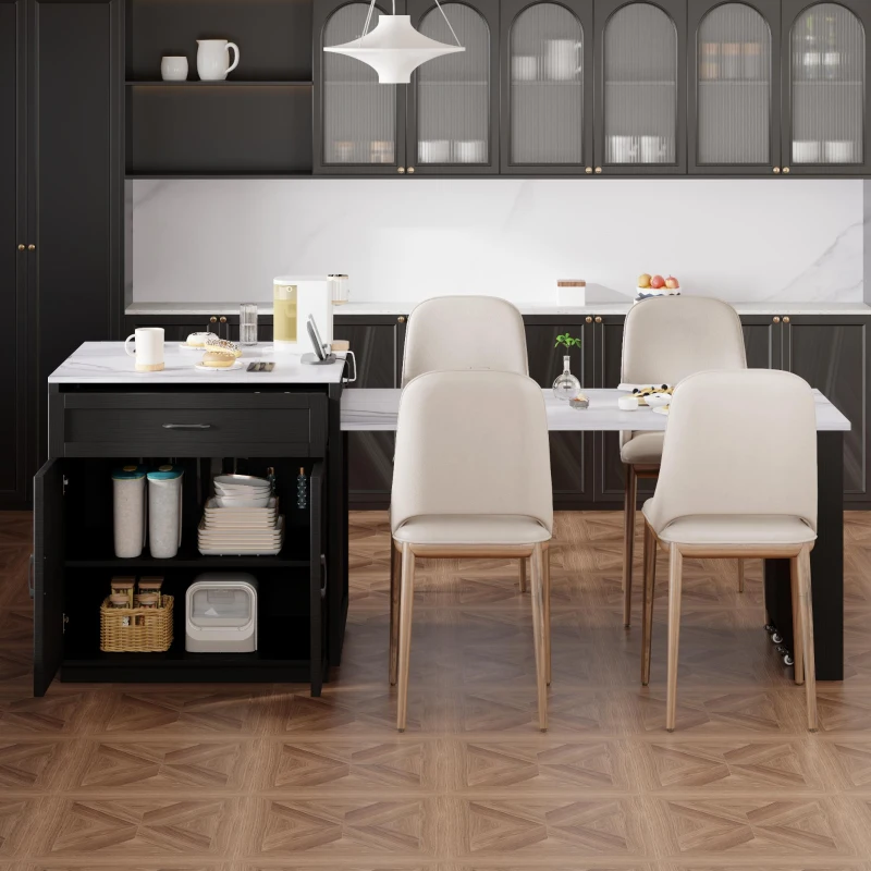 Kitchen Island with Extendable Dining Table for 4-6, Faux Marble Top, Double-Sided Storage, Power Outlet, 2 Drawers, 2 Side Open Shelves, Black