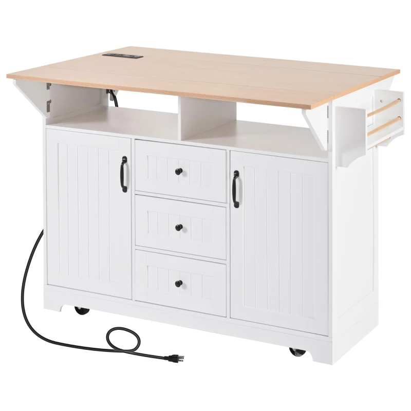 Kitchen Island Cart with Dual Drop Leaf, Power Outlet, Adjustable Shelves, Spice and Towel Rack, 3 Drawers, 56" L x 34" W x 36.5" H, White