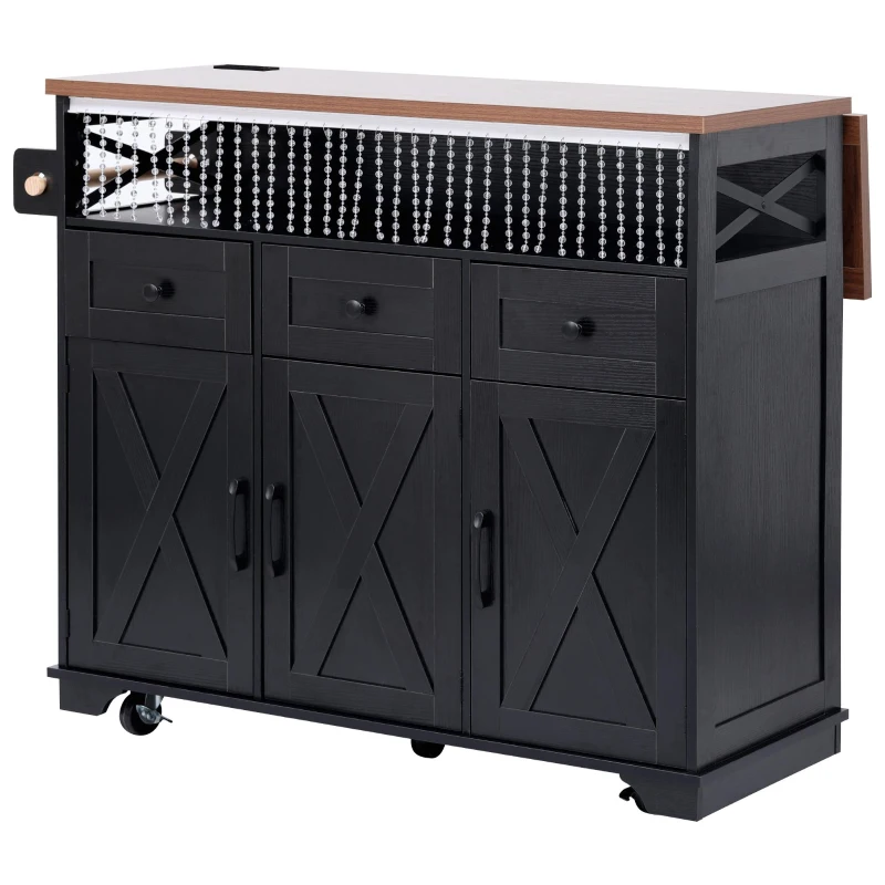 Farmhouse Kitchen Island Cart with Beaded Drape, Power Outlet, Drop Leaf, Adjustable Shelves, Perfect for Kitchen and Dining Room, Black