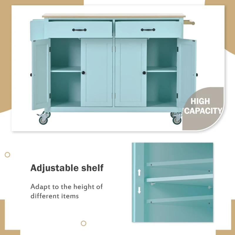 Kitchen Cart with 4-Door Cabinet, 2 Locking Wheels, Shelves and Racks, Cooking Island with Wood Top, 54.5" L x 18.5" W x 36" H, Mint Green