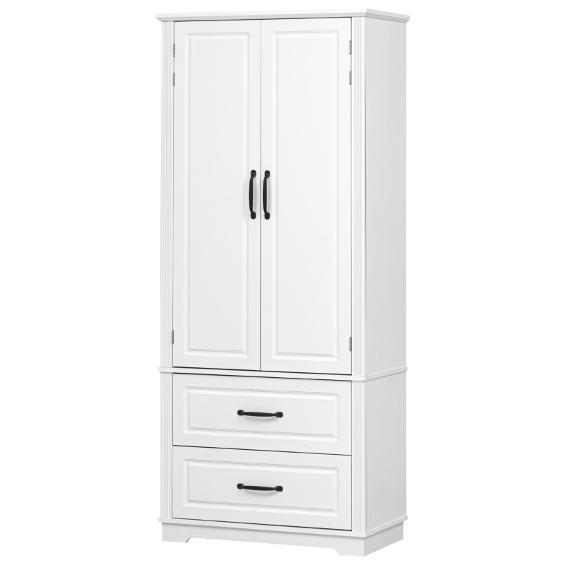Farmhouse Kitchen Pantry Cabinet with Embossed Texture, 2 Drawers, 8 Door Shelves, Adjustable Shelves, Anti-Tip Kit, 30.5" L x 16" W x 71" H, White