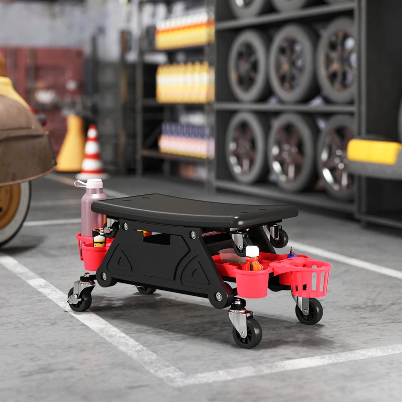 HOMCOM Rolling Garage Stool with Wheels, 300 LBS Capacity Padded Mechanic Stool with Tool Trays Storage, Black