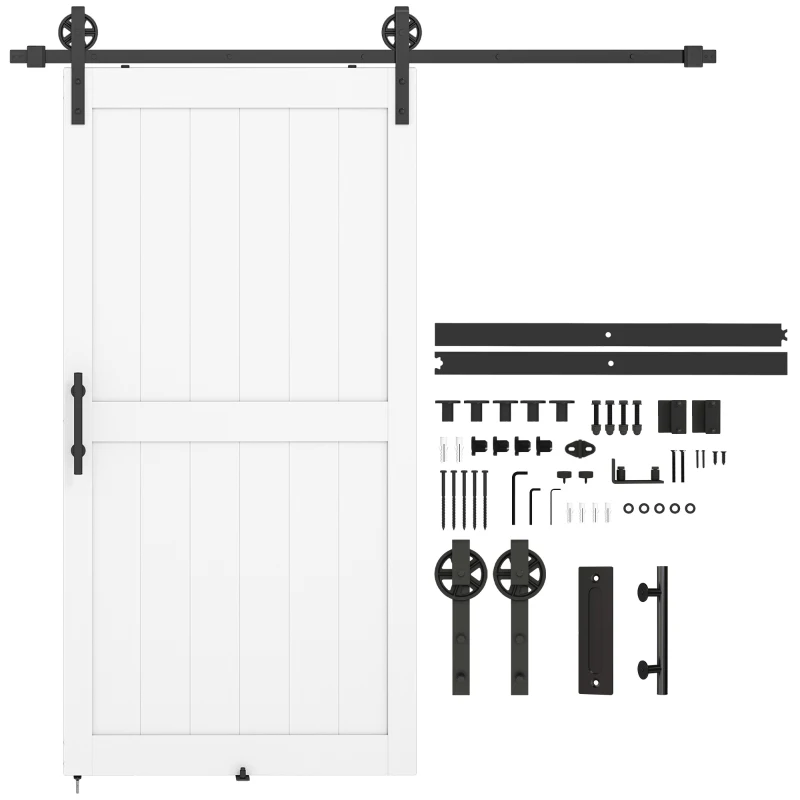 HOMCOM 42inx84in Barn Door with 7FT Sliding Door Hardware Kit, Handle, Upgraded Rollers and Floor Guide, Waterproof, White