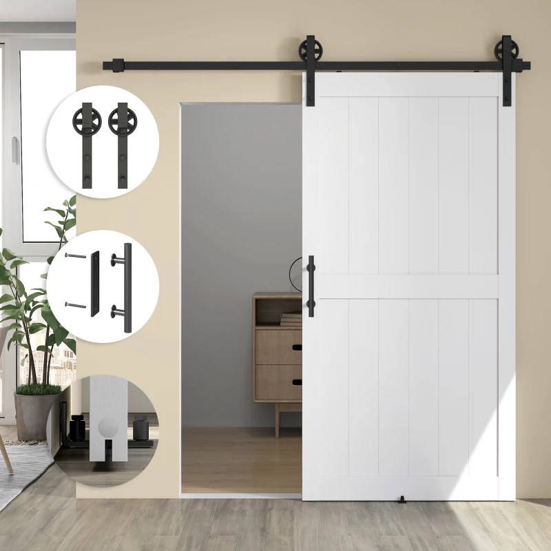 HOMCOM 42inx84in Barn Door with 7FT Sliding Door Hardware Kit, Handle, Upgraded Rollers and Floor Guide, Waterproof, White