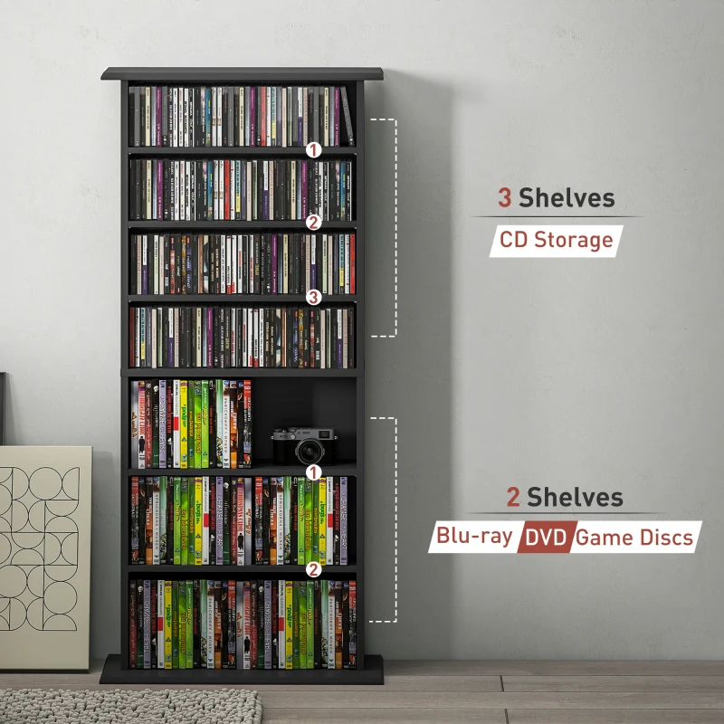 HOMCOM 8-Tier DVD Shelf with 6 Adjustable Shelves, Slim CD Shelf, Holds 360 CDs, 185 DVDs or 185 Blu-rays, Black