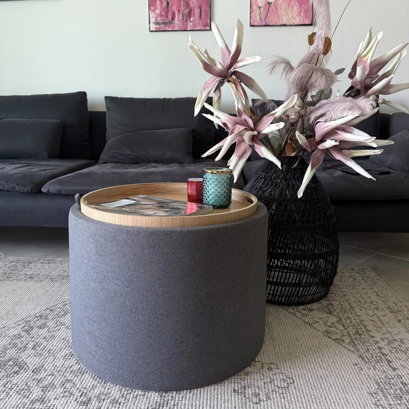HOMCOM Round Storage Ottoman Coffee Table with Flip Top Tray, Linen Fabric Upholstered Footstool with Hidden Compartment