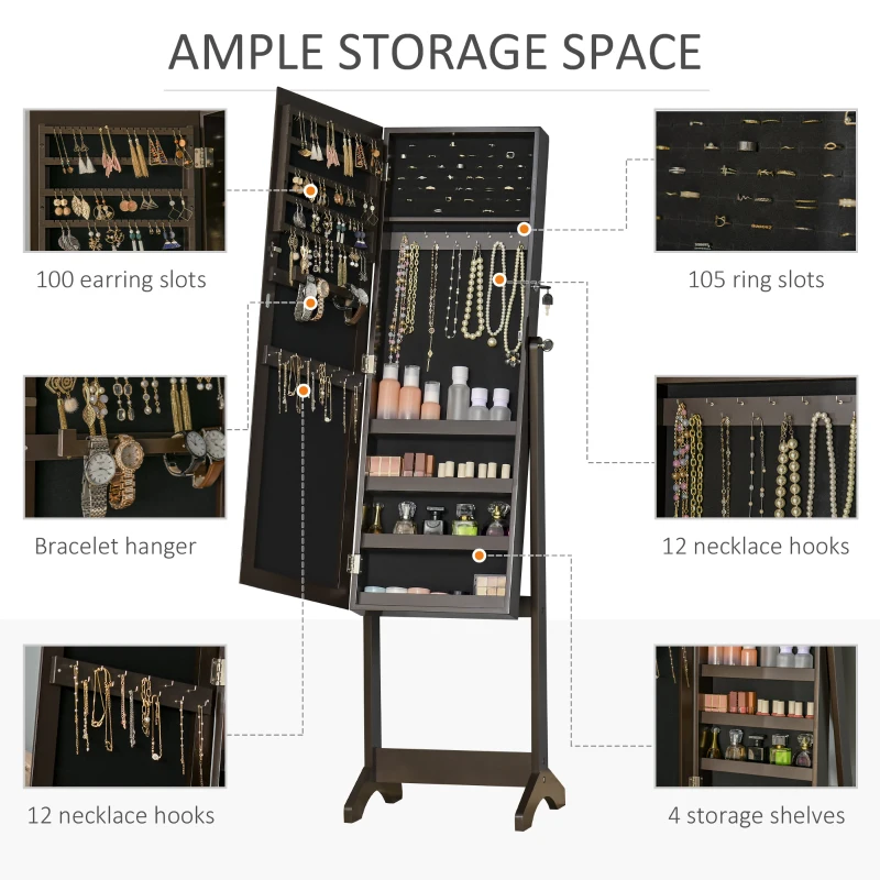 HOMCOM Mirror Jewelry Cabinet Armoire, Lockable Jewelry Organizer with Full-Length Mirror, 3 Angle Adjustable, Brown