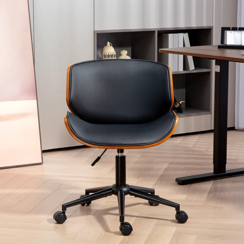 HOMCOM Mid-Century Modern Office Chair No Arms with Wheels, Small Computer Desk Chair with PU Leather Upholstery, Bentwood