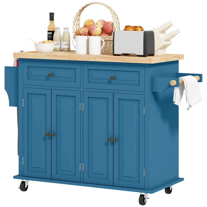 HOMCOM Kitchen Island with Storage, Rolling Trolley Cart with Rubber Wood Top, Spice Rack, Towel Rack, Blue