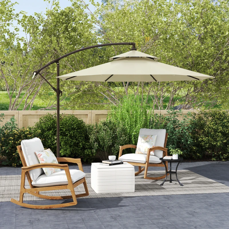 Outsunny 9' 2-Tier Cantilever Umbrella with Crank Handle, Cross Base and 8 Ribs, Garden Patio Offset Umbrella for Backyard, Poolside, and Lawn, Beige