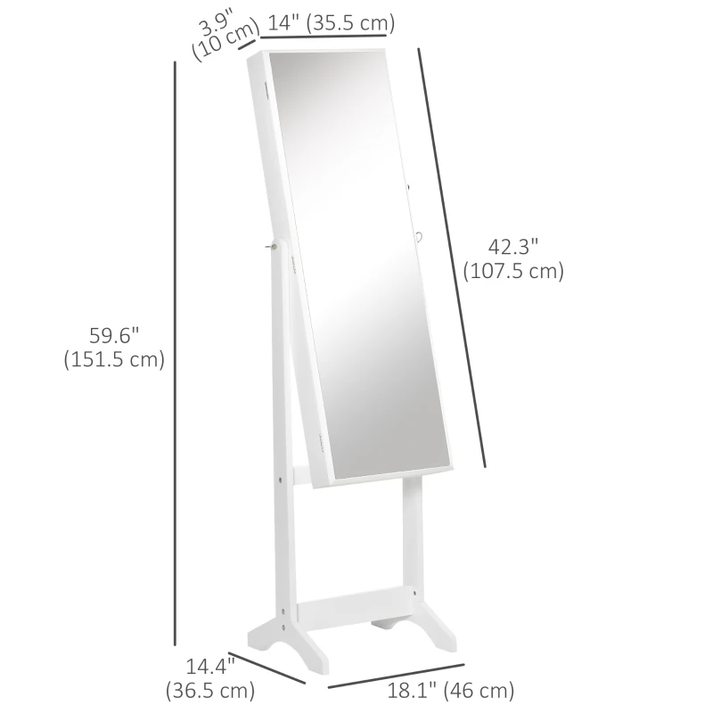 HOMCOM Mirror Jewelry Cabinet Armoire, Lockable Jewelry Organizer with Full-Length Mirror, 3 Angle Adjustable, White