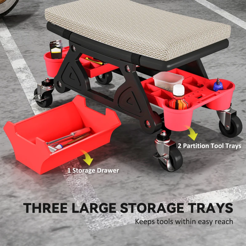 HOMCOM Rolling Garage Stool with Wheels, 300 LBS Capacity Padded Mechanic Stool with Tool Trays Storage, Grey