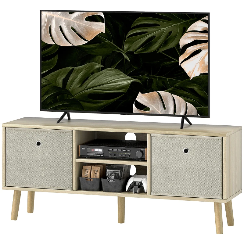 HOMCOM Modern TV Stand Cabinet with Foldable Drawers and Shelves for Living Room, Bedroom, Natural