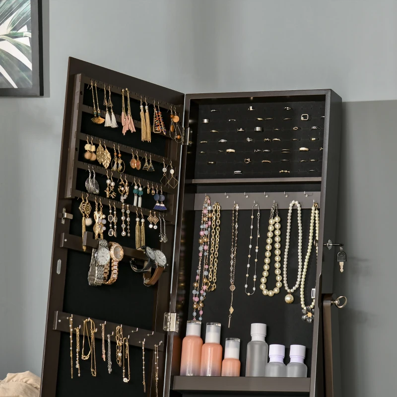 HOMCOM Mirror Jewelry Cabinet Armoire, Lockable Jewelry Organizer with Full-Length Mirror, 3 Angle Adjustable, Brown