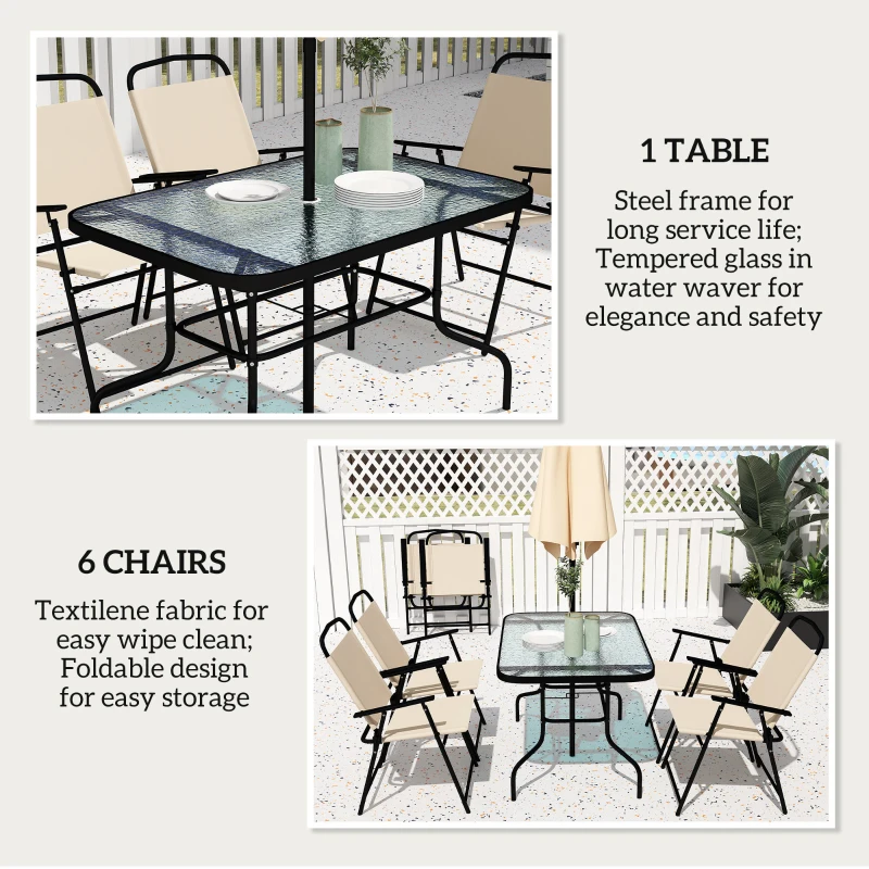 Outsunny 8 PCS Folding Patio Dining Set, Outdoor Bistro Set for 6, 47" Rectangle Table with 6 Folding Chairs, 7' Patio Umbrella with Crank, Outdoor Table Chair Set, Beige