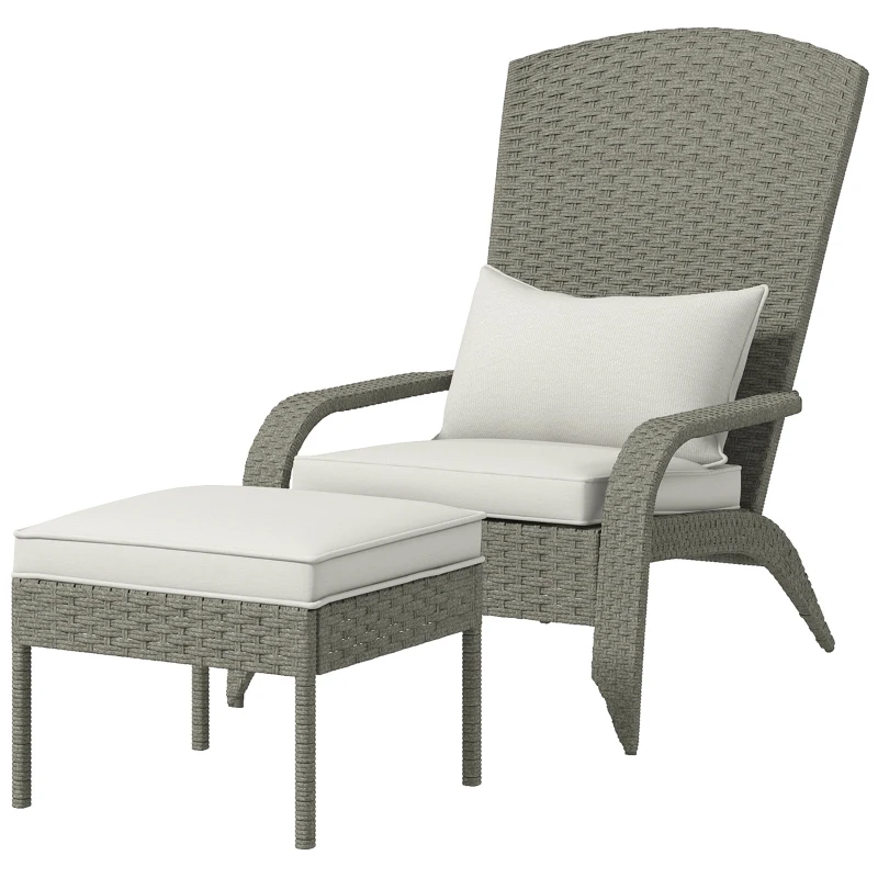 Outsunny Wicker Adirondack Chair with Ottoman, Patio Cushioned Muskoka Chair, Outdoor Fire Pit Chair with High-back and Armrests, for Deck, Garden, Backyard, Grey/Cream White