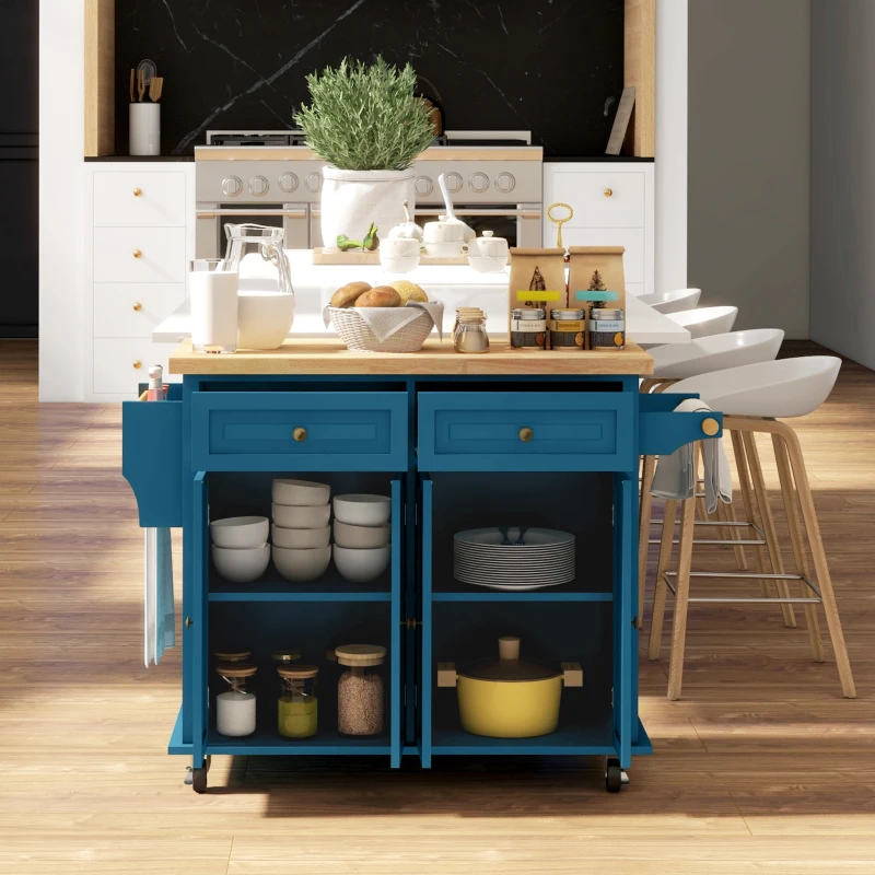 HOMCOM Kitchen Island with Storage, Rolling Trolley Cart with Rubber Wood Top, Spice Rack, Towel Rack, Blue
