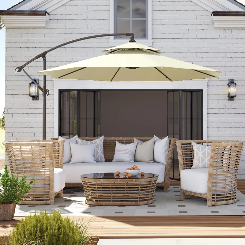 Outsunny 9' 2-Tier Cantilever Umbrella with Crank Handle, Cross Base and 8 Ribs, Garden Patio Offset Umbrella for Backyard, Poolside, and Lawn, Beige
