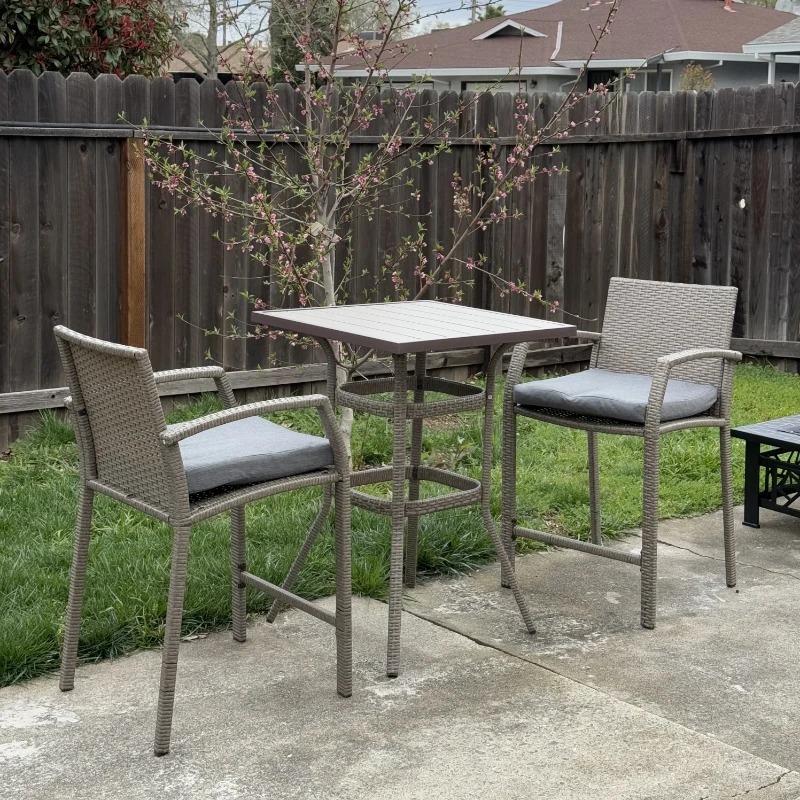 Outsunny 3 PCS Rattan Wicker Bar Set with Wood Grain Top Table and 2 Bar Stools for Outdoor, Patio, Poolside, Garden, Grey