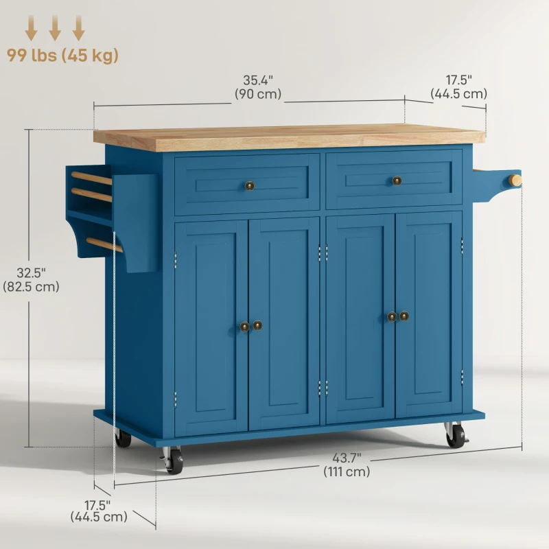 HOMCOM Kitchen Island with Storage, Rolling Trolley Cart with Rubber Wood Top, Spice Rack, Towel Rack, Blue