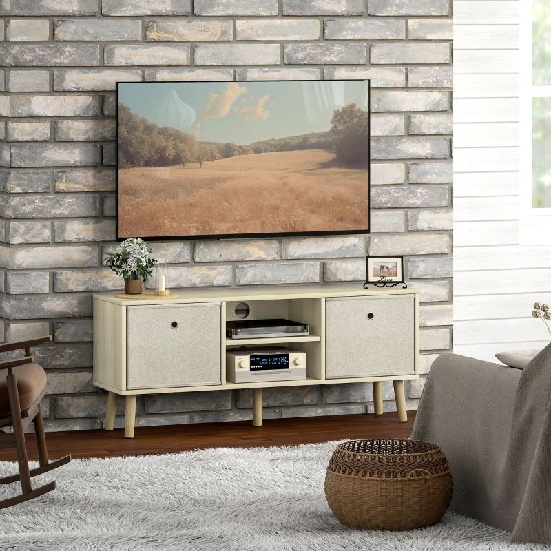HOMCOM Modern TV Stand Cabinet with Foldable Drawers and Shelves for Living Room, Bedroom, Natural