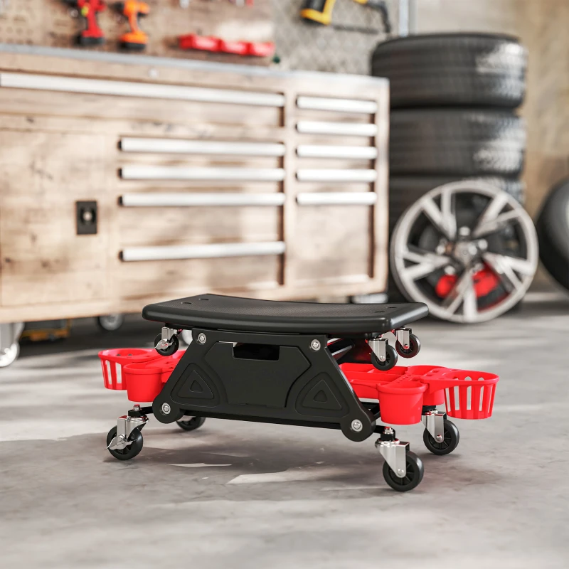 HOMCOM Rolling Garage Stool with Wheels, 300 LBS Capacity Padded Mechanic Stool with Tool Trays Storage, Black